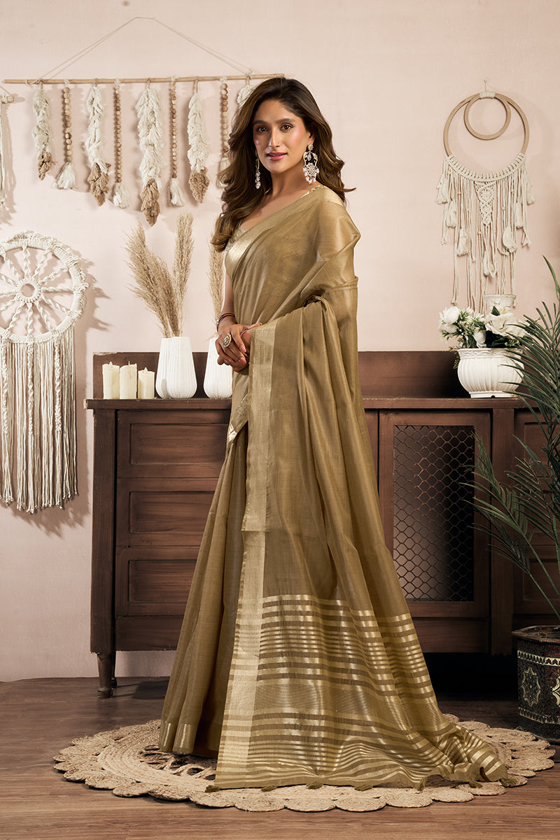 Monjolika Fashion Beige Gold Khadi Cotton Saree with Golden Zari Border and Brocade Blouse | Grocsy