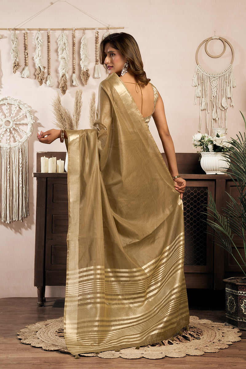 Monjolika Fashion Beige Gold Khadi Cotton Saree with Golden Zari Border and Brocade Blouse | Grocsy