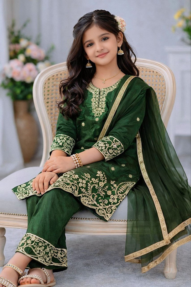 Evanik Green Designer Party Wear Look Kids Top Salwar & Dupata | Grocsy