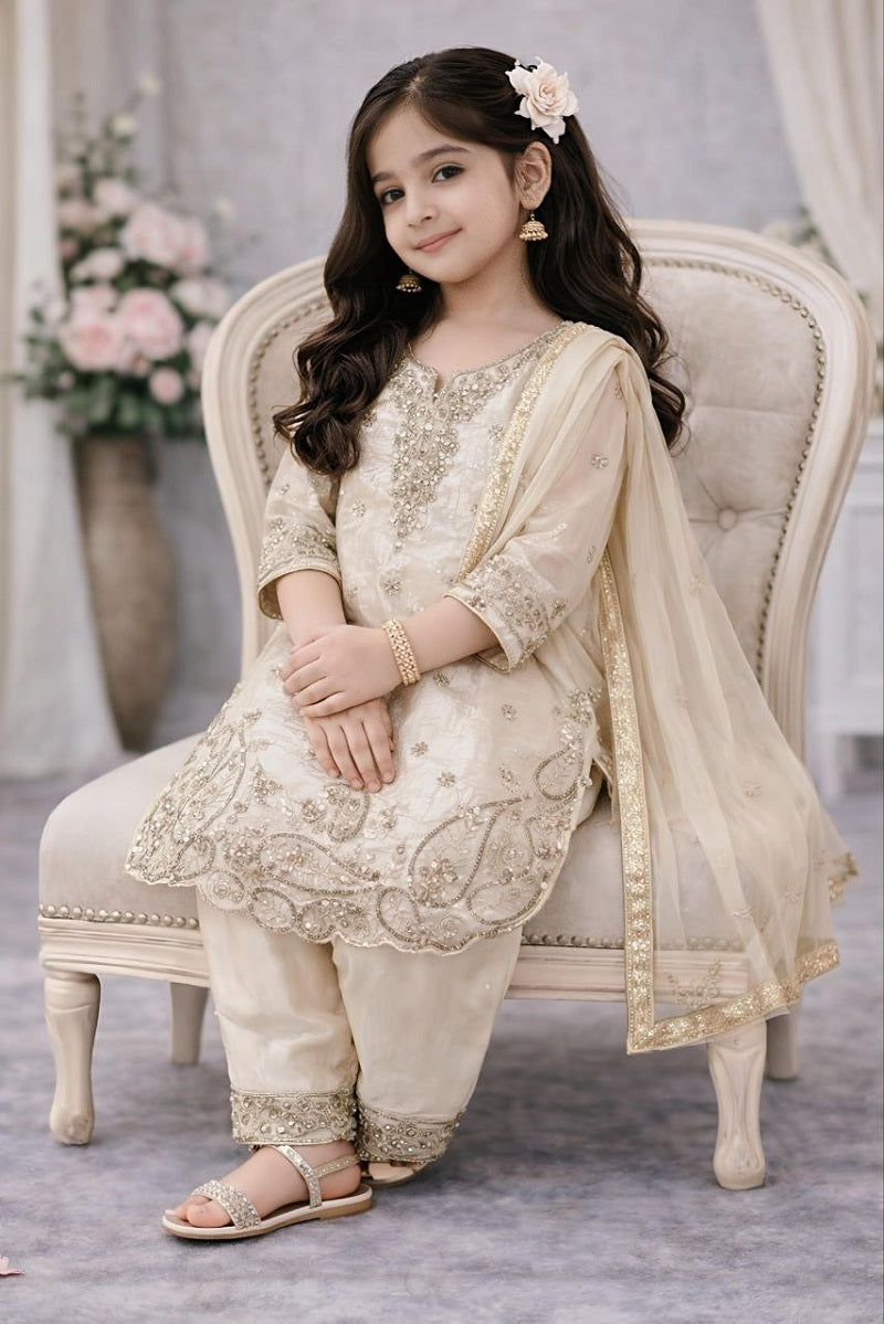 Evanik Beige Designer Party Wear Look Kids Top Salwar & Dupata | Grocsy
