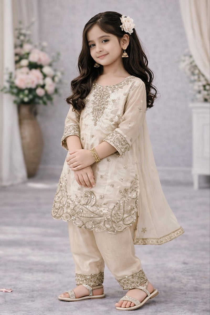 Evanik Beige Designer Party Wear Look Kids Top Salwar & Dupata | Grocsy
