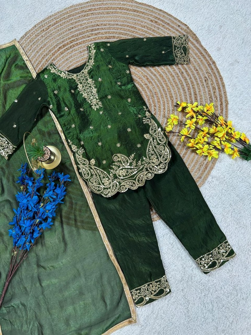 Evanik Green Designer Party Wear Look Kids Top Salwar & Dupata | Grocsy