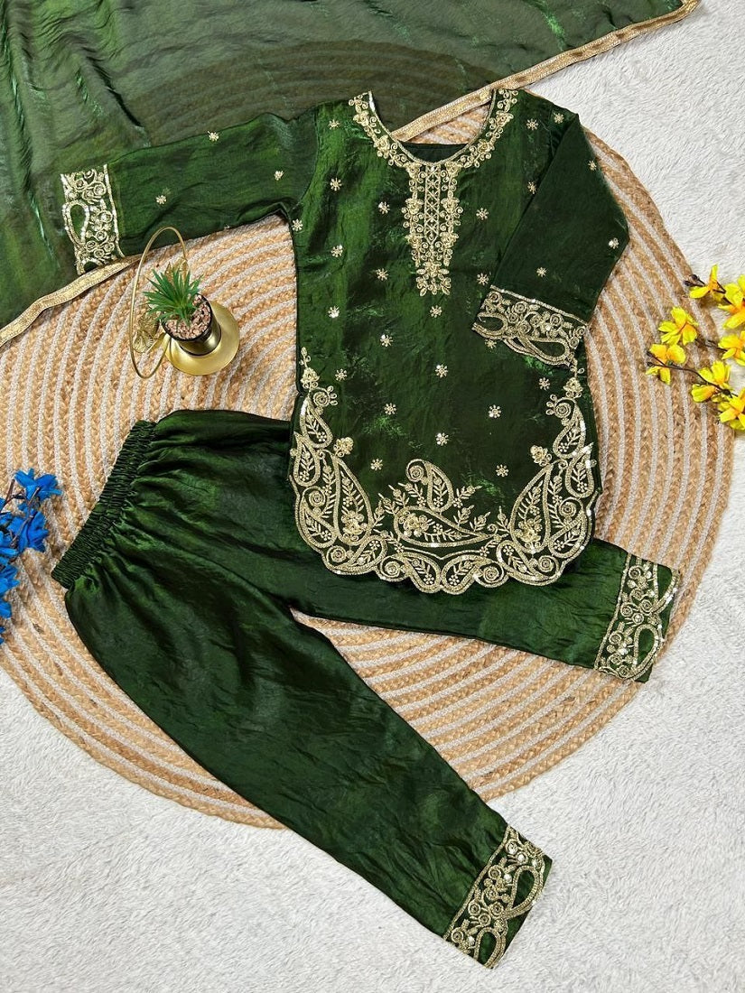 Evanik Green Designer Party Wear Look Kids Top Salwar & Dupata | Grocsy