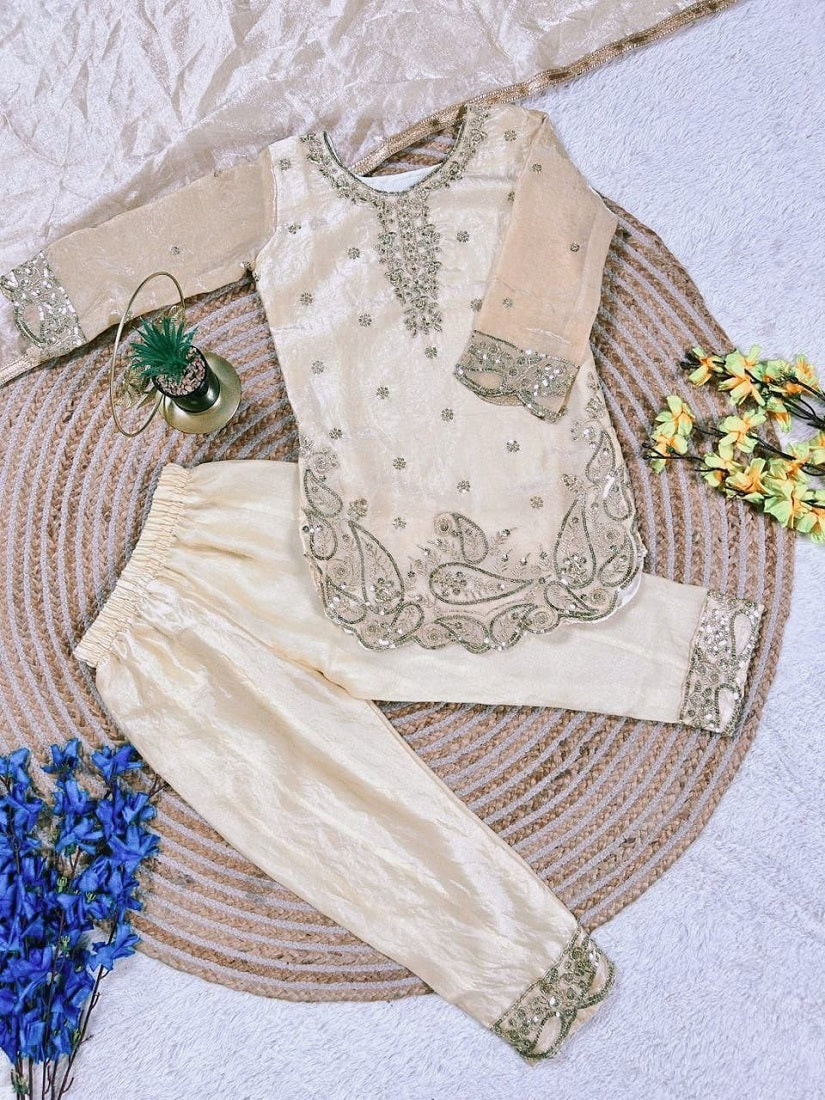 Evanik Beige Designer Party Wear Look Kids Top Salwar & Dupata | Grocsy