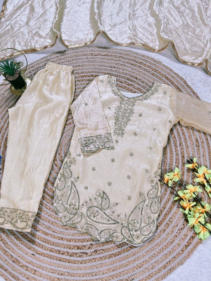 Evanik Beige Designer Party Wear Look Kids Top Salwar & Dupata | Grocsy