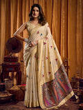 Monjolika Fashion Cream Cotton Blend Katha Work Saree With Blouse Piece | Grocsy