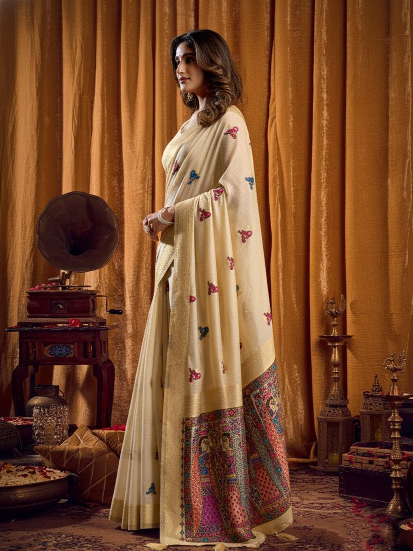 Monjolika Fashion Cream Cotton Blend Katha Work Saree With Blouse Piece | Grocsy