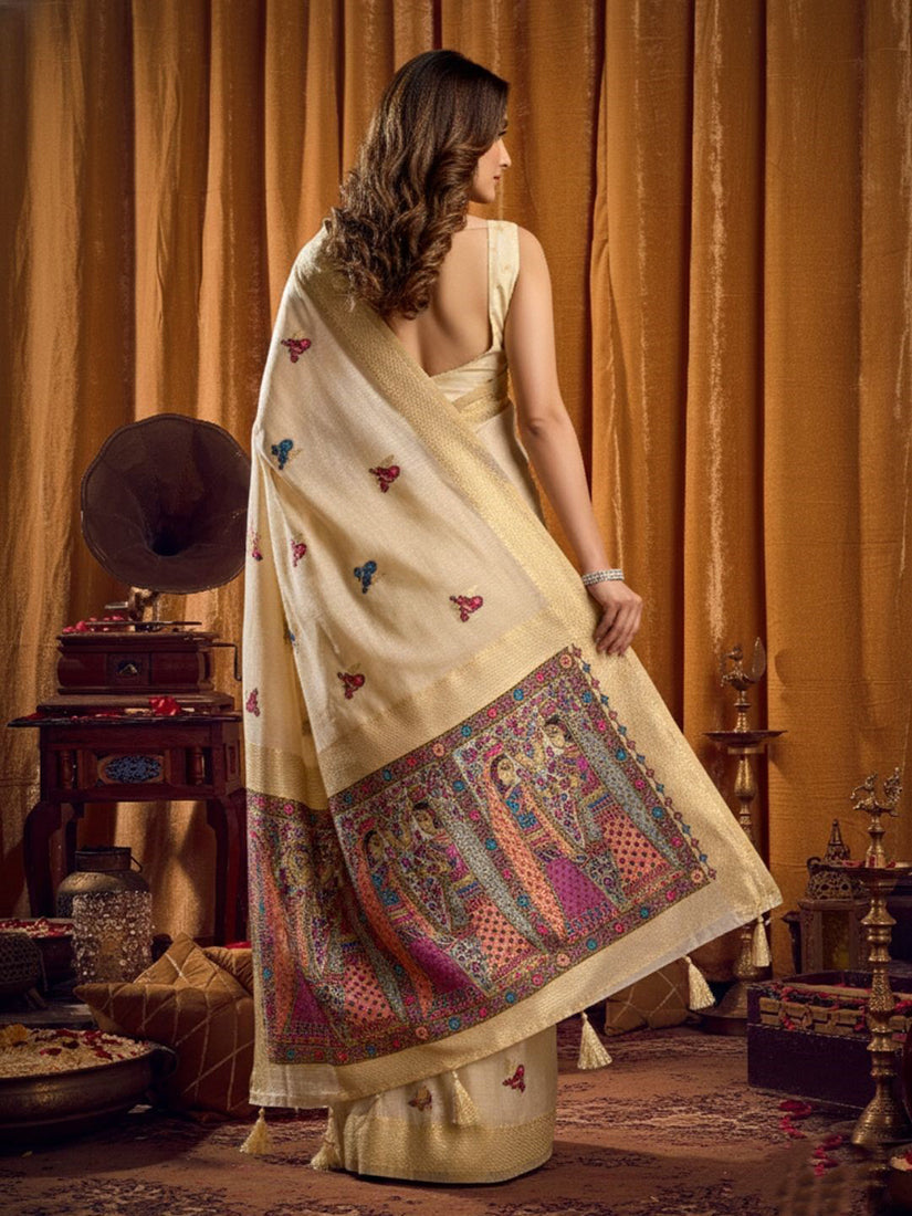 Monjolika Fashion Cream Cotton Blend Katha Work Saree With Blouse Piece | Grocsy