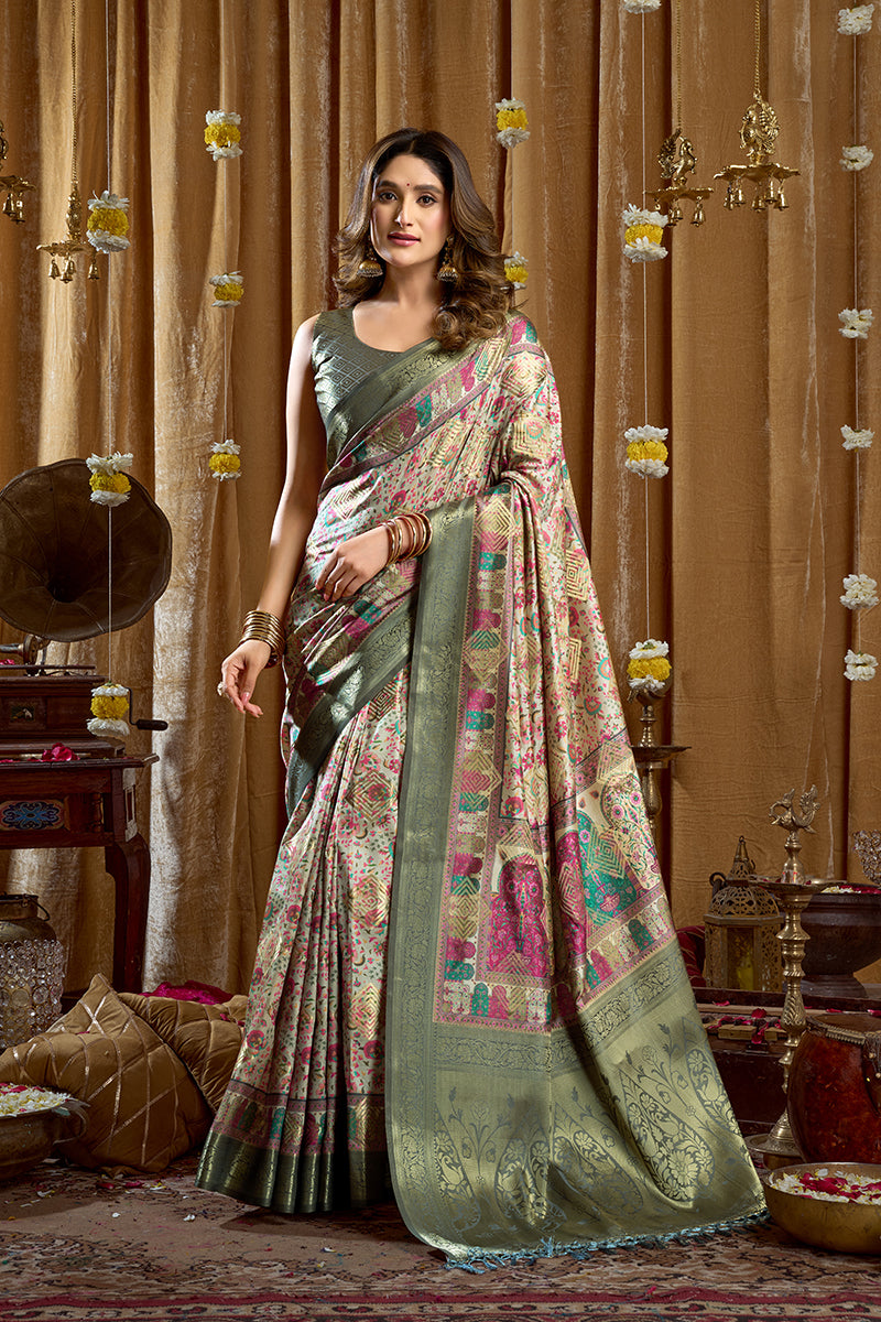 Monjolika Fashion Sea Green Banarasi Cotton Silk Blend Digital Print Saree With Blouse Piece | Grocsy