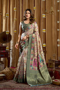 Monjolika Fashion Sea Green Banarasi Cotton Silk Blend Digital Print Saree With Blouse Piece | Grocsy