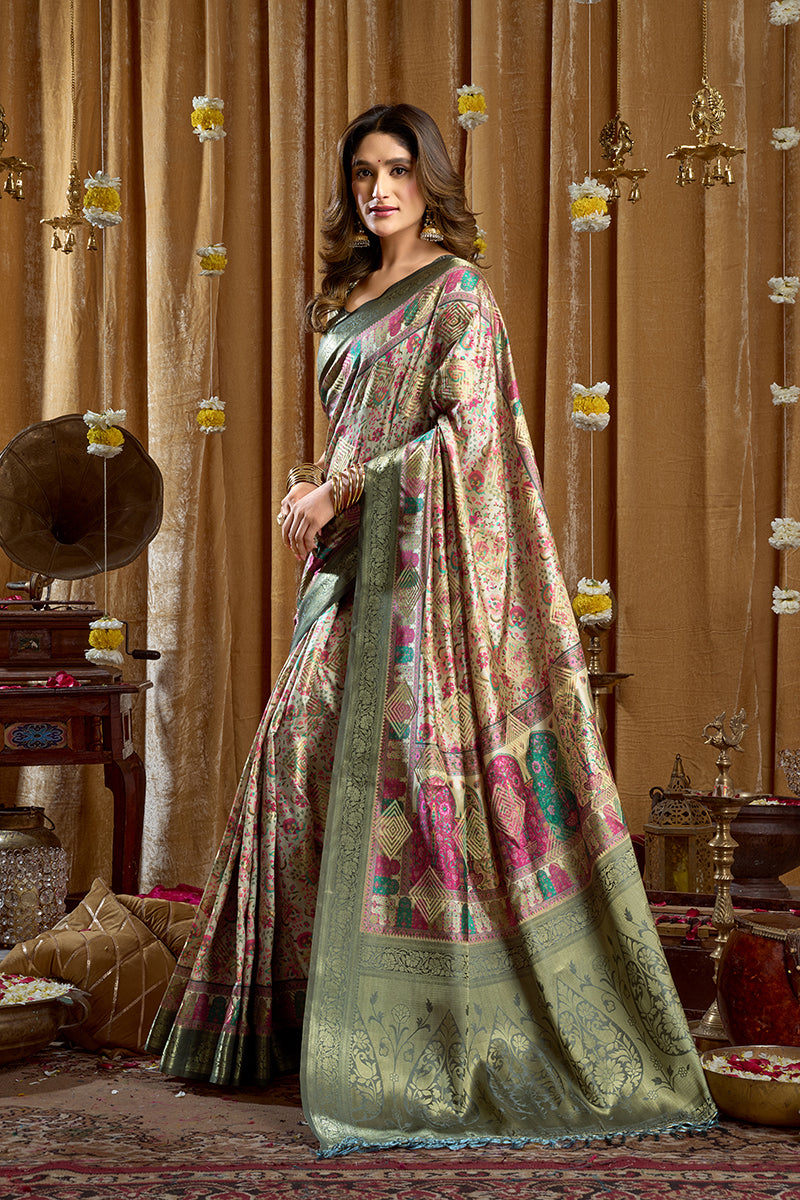 Monjolika Fashion Sea Green Banarasi Cotton Silk Blend Digital Print Saree With Blouse Piece | Grocsy