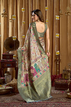 Monjolika Fashion Sea Green Banarasi Cotton Silk Blend Digital Print Saree With Blouse Piece | Grocsy
