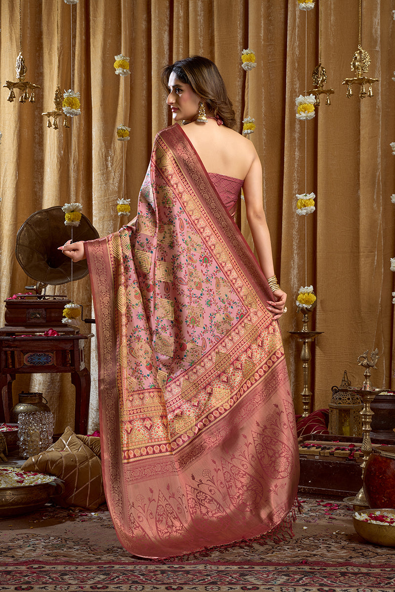 Monjolika Fashion Onion Pink Banarasi Cotton Silk Blend Digital Print Saree With Blouse Piece | Grocsy
