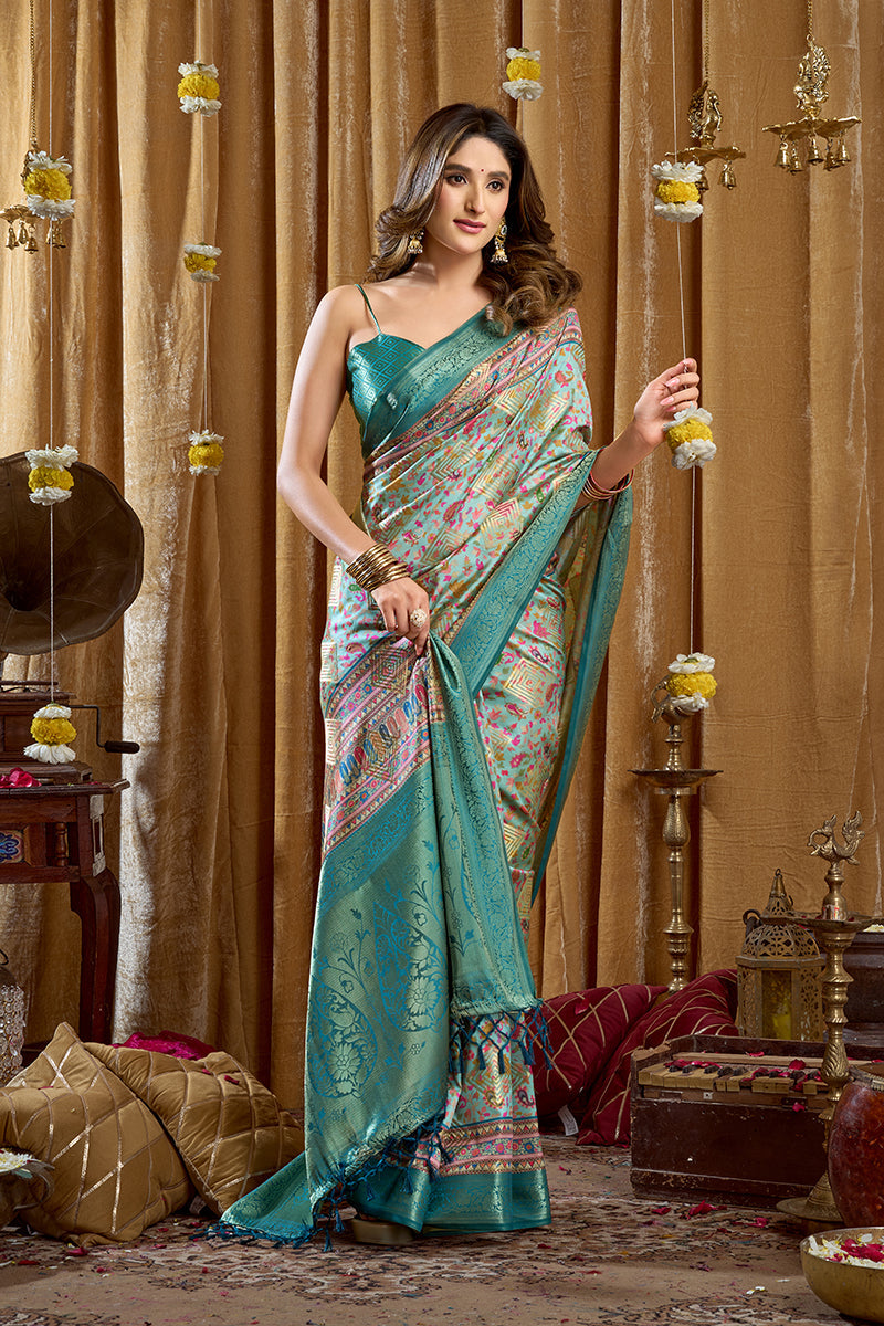 Monjolika Fashion Aqua Blue Banarasi Cotton Silk Blend Digital Print Saree With Blouse Piece | Grocsy