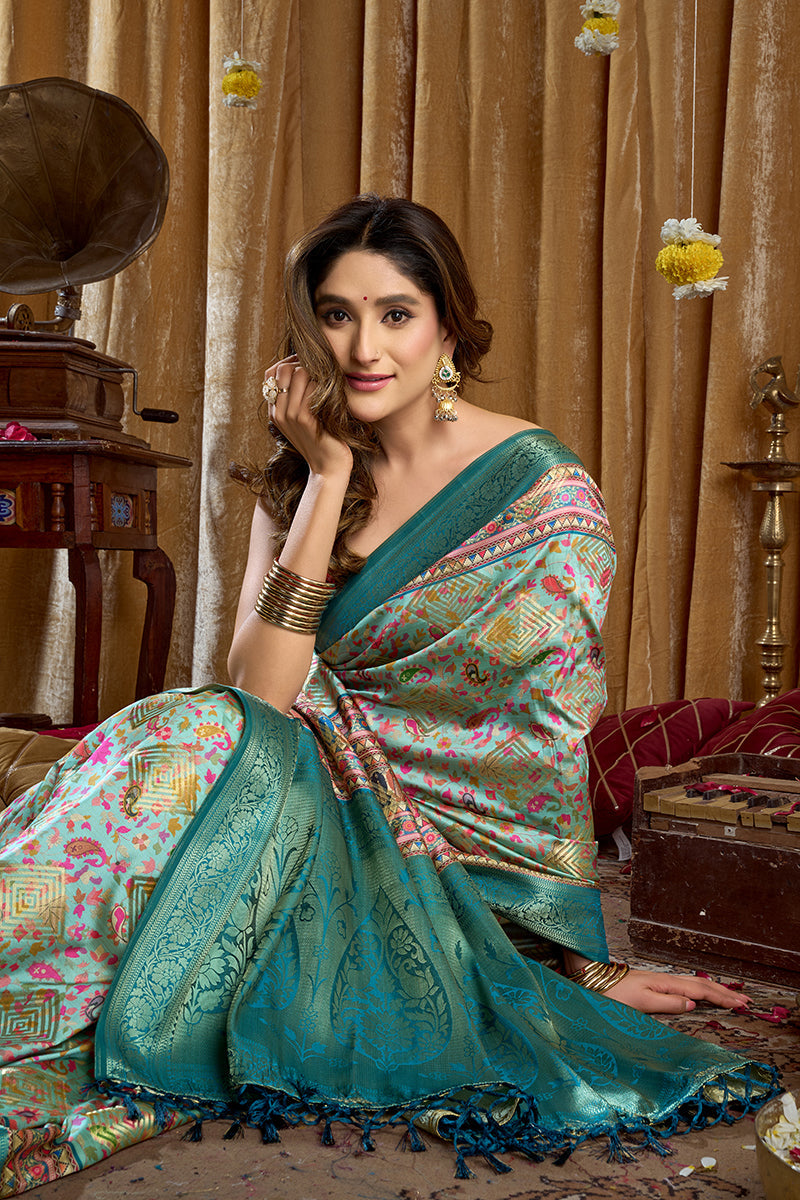 Monjolika Fashion Aqua Blue Banarasi Cotton Silk Blend Digital Print Saree With Blouse Piece | Grocsy