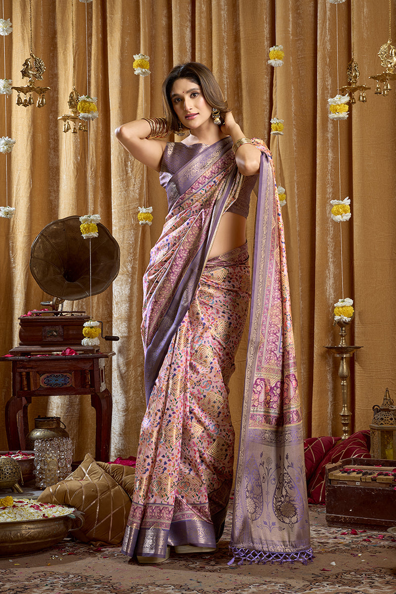 Monjolika Fashion Lavender Purple Banarasi Cotton Silk Blend Digital Print Saree With Blouse Piece | Grocsy