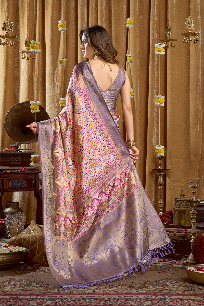 Monjolika Fashion Lavender Purple Banarasi Cotton Silk Blend Digital Print Saree With Blouse Piece | Grocsy
