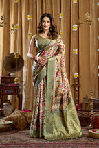 Monjolika Fashion Olive Green Banarasi Cotton Silk Blend Digital Print Saree With Blouse Piece | Grocsy
