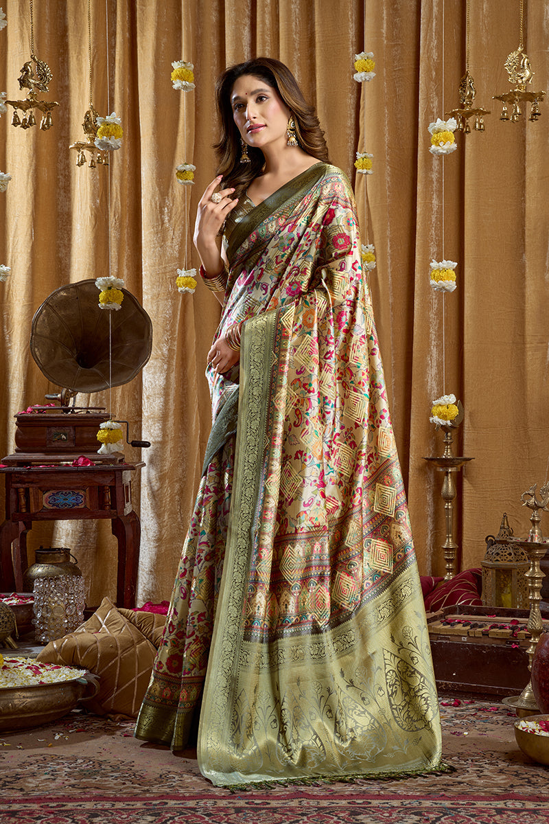 Monjolika Fashion Olive Green Banarasi Cotton Silk Blend Digital Print Saree With Blouse Piece | Grocsy