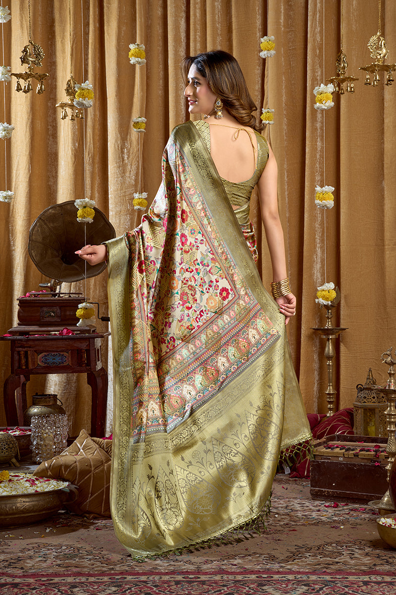 Monjolika Fashion Olive Green Banarasi Cotton Silk Blend Digital Print Saree With Blouse Piece | Grocsy