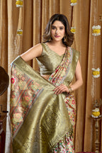 Monjolika Fashion Olive Green Banarasi Cotton Silk Blend Digital Print Saree With Blouse Piece | Grocsy