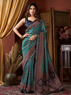 Monjolika Fashion Teal Faux Crepe Silk Printed Saree with Blouse Piece | Grocsy