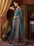 Monjolika Fashion Teal Faux Crepe Silk Printed Saree with Blouse Piece | Grocsy