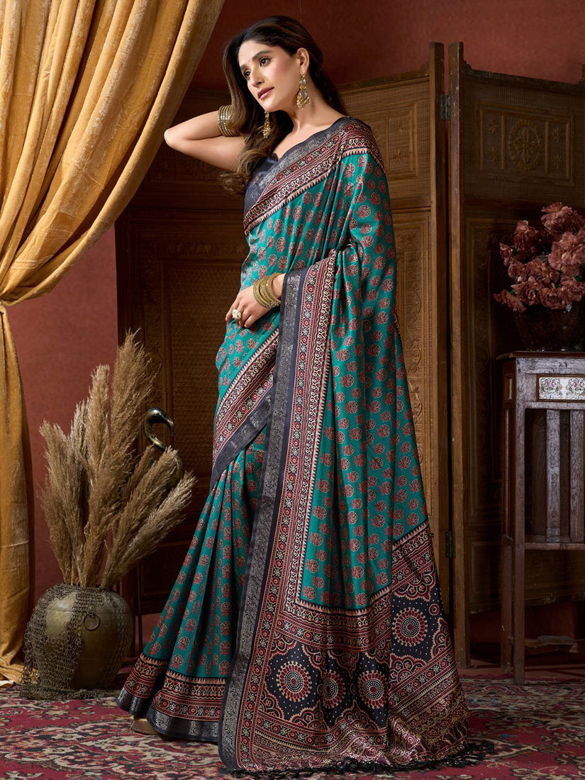 Monjolika Fashion Teal Faux Crepe Silk Printed Saree with Blouse Piece | Grocsy