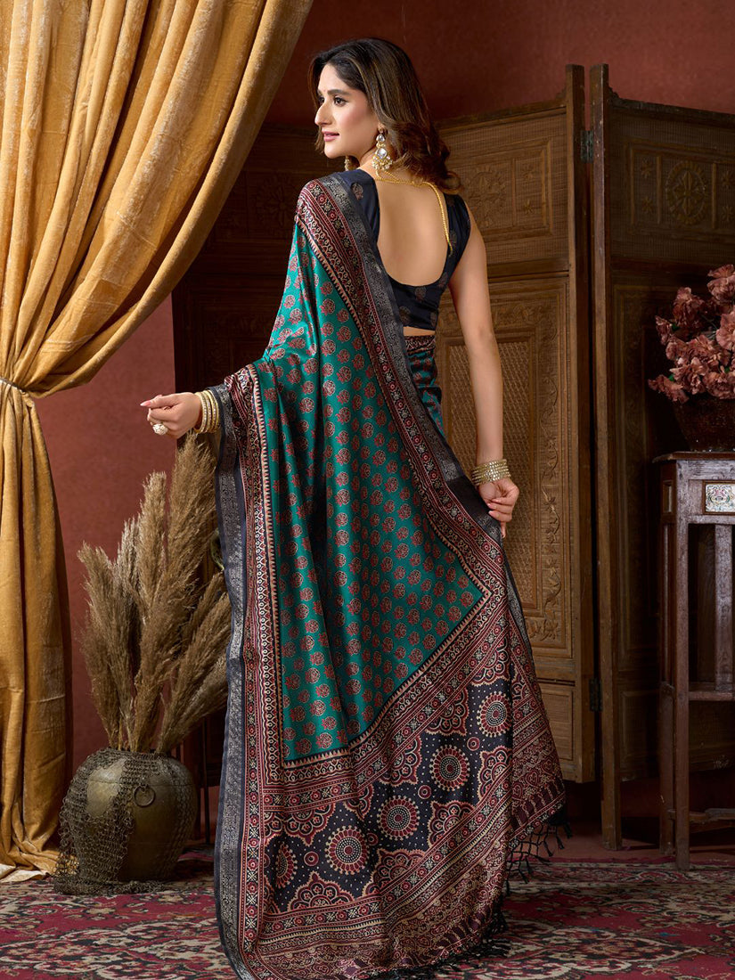 Monjolika Fashion Teal Faux Crepe Silk Printed Saree with Blouse Piece | Grocsy