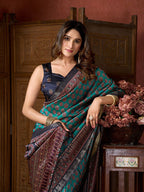 Monjolika Fashion Teal Faux Crepe Silk Printed Saree with Blouse Piece | Grocsy