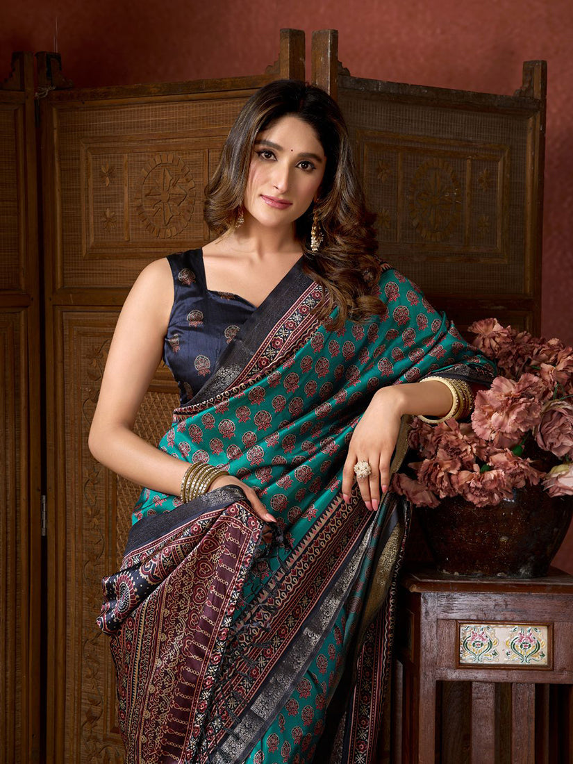 Monjolika Fashion Teal Faux Crepe Silk Printed Saree with Blouse Piece | Grocsy