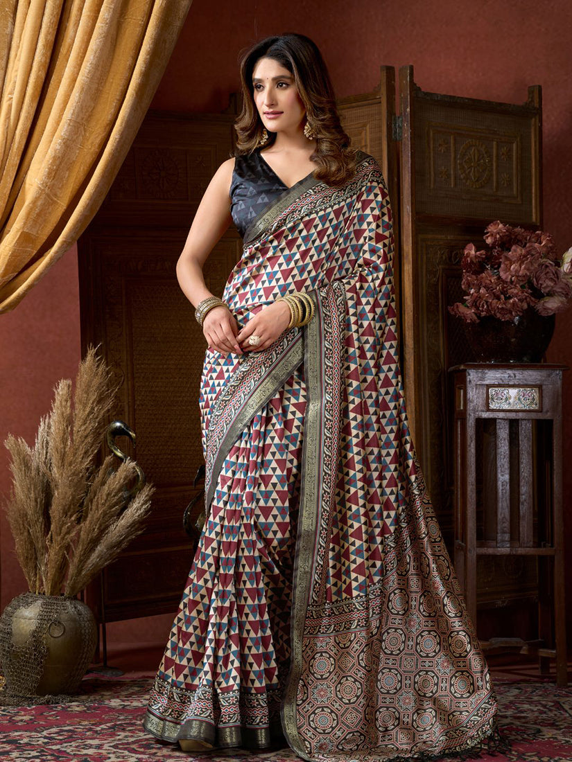 Monjolika Fashion Multicolor Faux Crepe Silk Printed Saree with Blouse Piece | Grocsy
