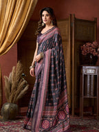 Monjolika Fashion Black Faux Crepe Silk Printed Saree with Blouse Piece | Grocsy