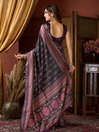 Monjolika Fashion Black Faux Crepe Silk Printed Saree with Blouse Piece | Grocsy