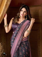 Monjolika Fashion Black Faux Crepe Silk Printed Saree with Blouse Piece | Grocsy