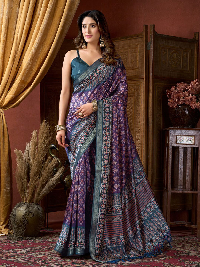 Monjolika Fashion Purple Faux Crepe Silk Printed Saree with Blouse Piece | Grocsy