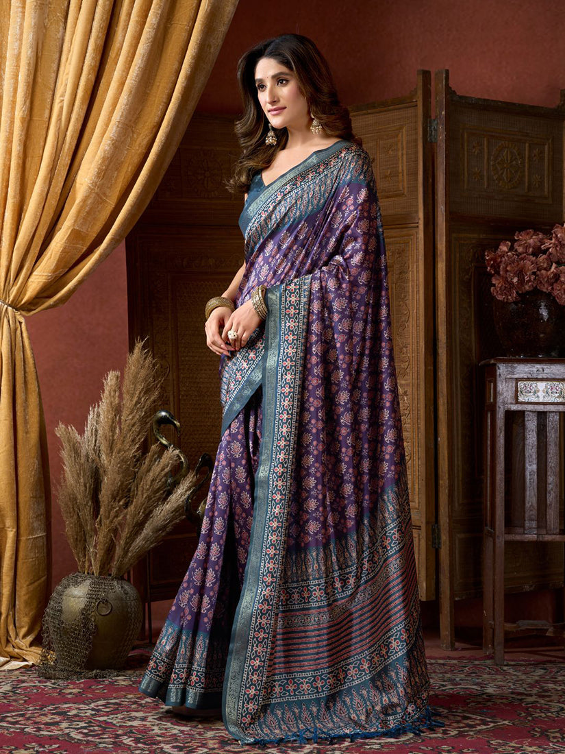 Monjolika Fashion Purple Faux Crepe Silk Printed Saree with Blouse Piece | Grocsy
