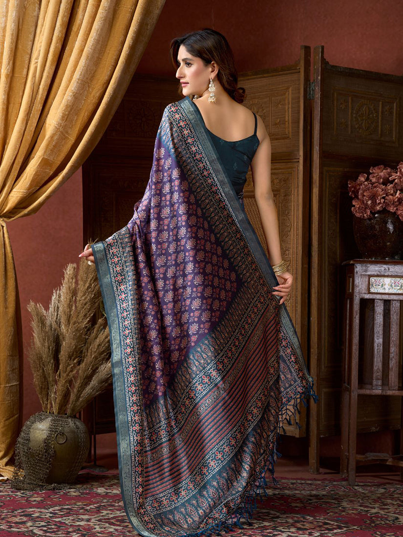 Monjolika Fashion Purple Faux Crepe Silk Printed Saree with Blouse Piece | Grocsy