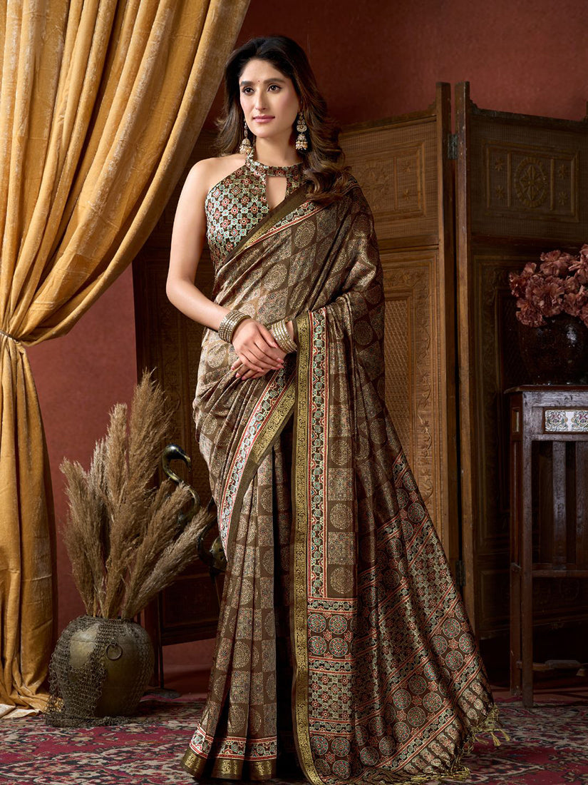 Monjolika Fashion Brown Faux Crepe Silk Printed Saree with Blouse Piece | Grocsy