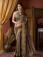 Monjolika Fashion Brown Faux Crepe Silk Printed Saree with Blouse Piece | Grocsy