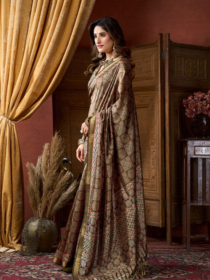 Monjolika Fashion Brown Faux Crepe Silk Printed Saree with Blouse Piece | Grocsy