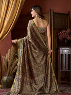 Monjolika Fashion Brown Faux Crepe Silk Printed Saree with Blouse Piece | Grocsy
