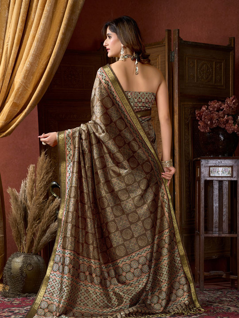 Monjolika Fashion Brown Faux Crepe Silk Printed Saree with Blouse Piece | Grocsy
