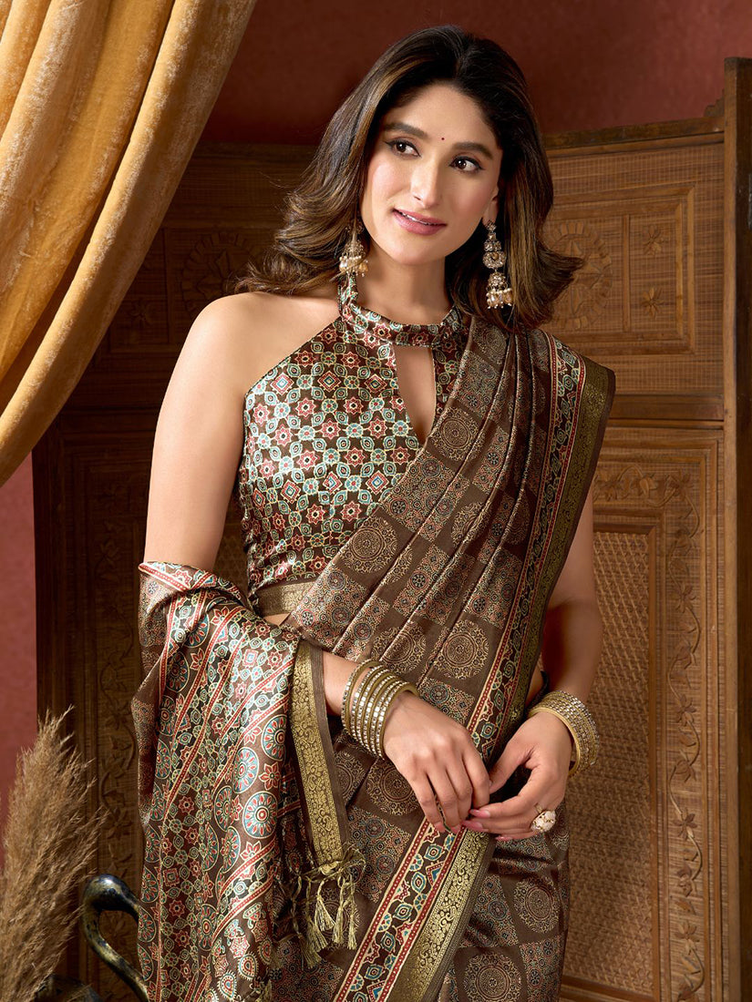 Monjolika Fashion Brown Faux Crepe Silk Printed Saree with Blouse Piece | Grocsy