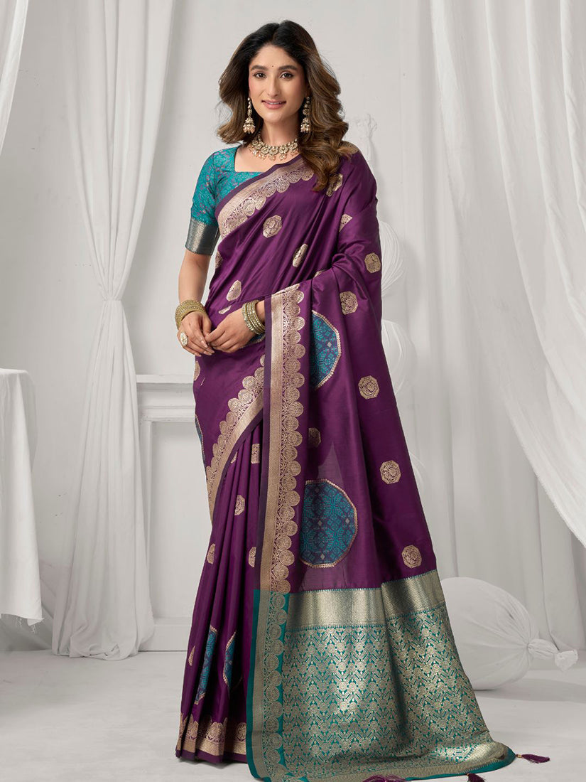 Monjolika Fashion Purple Soft Banarasi Silk Blend Zari Woven Saree with Blouse Piece | Grocsy