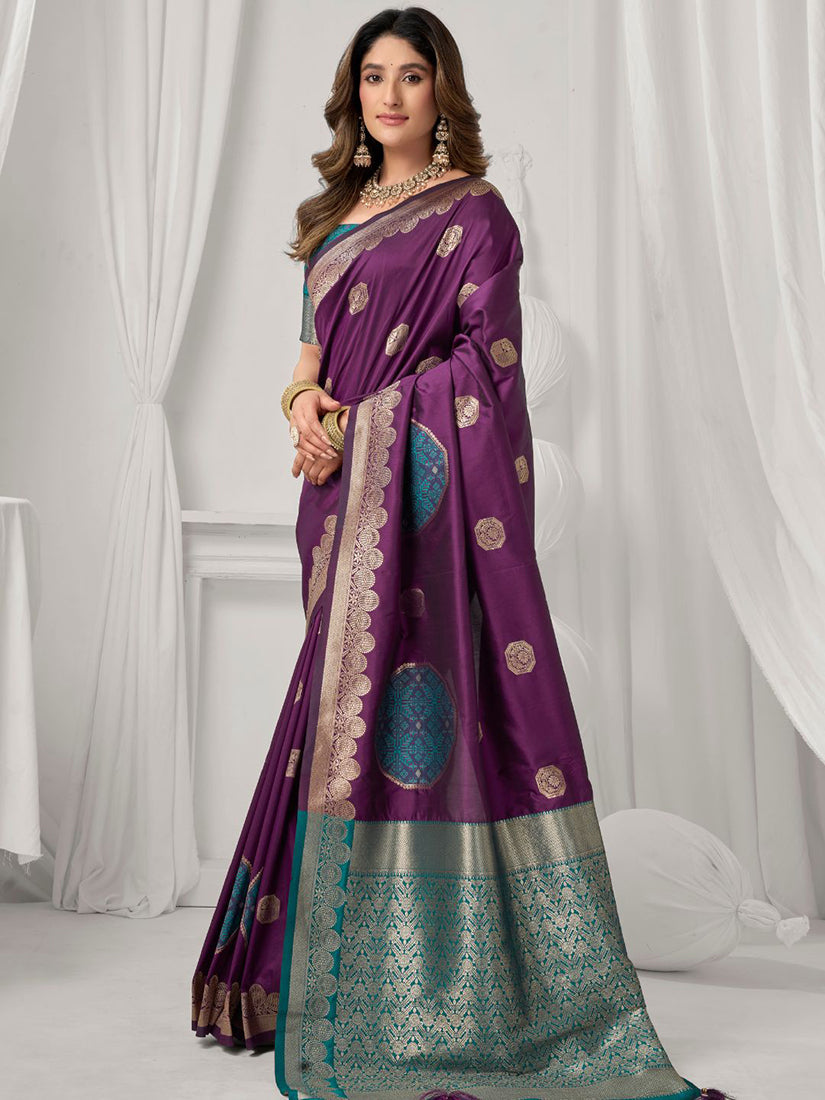Monjolika Fashion Purple Soft Banarasi Silk Blend Zari Woven Saree with Blouse Piece | Grocsy