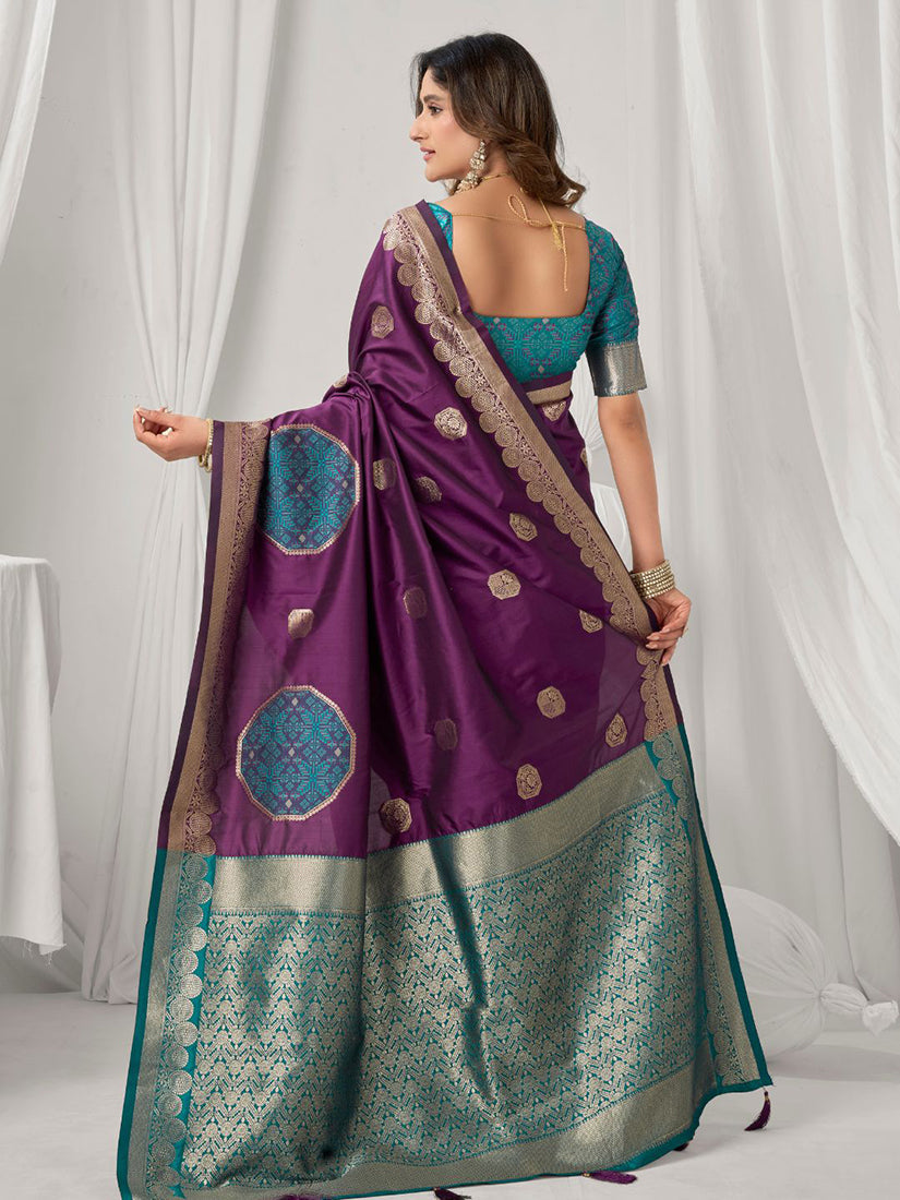 Monjolika Fashion Purple Soft Banarasi Silk Blend Zari Woven Saree with Blouse Piece | Grocsy