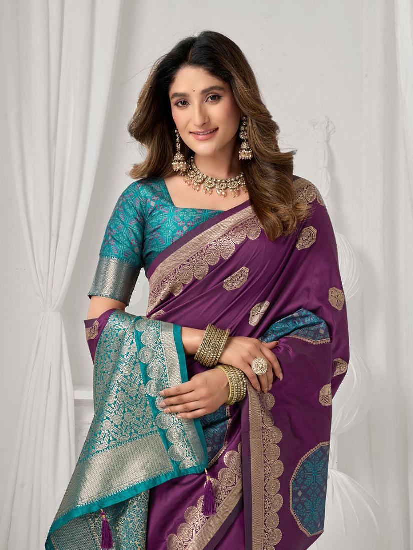 Monjolika Fashion Purple Soft Banarasi Silk Blend Zari Woven Saree with Blouse Piece | Grocsy