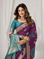 Monjolika Fashion Purple Soft Banarasi Silk Blend Zari Woven Saree with Blouse Piece | Grocsy
