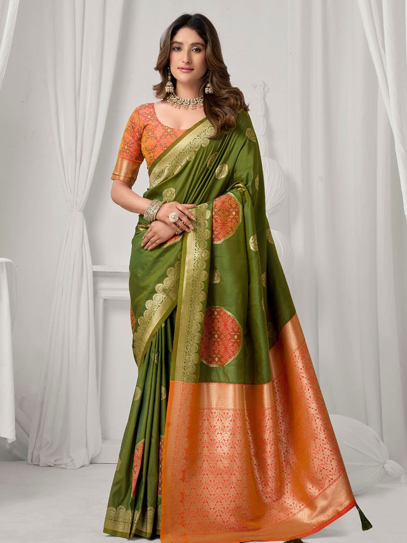Monjolika Fashion Mehendi Green Soft Banarasi Silk Blend Zari Woven Saree with Blouse Piece | Grocsy